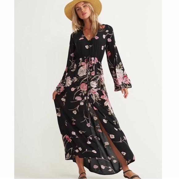 Billabong Dresses & Skirts - Billabong Desi Kimono Maxi Dress, Long Sleeve Floral Dress, SizeM